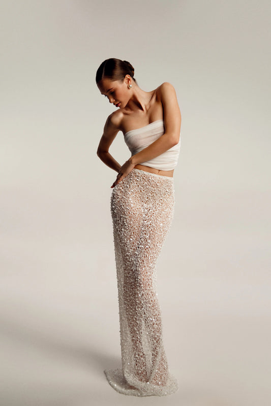 The Amalia — Pearl-Embellished Linen Skirt - Autograph.wear