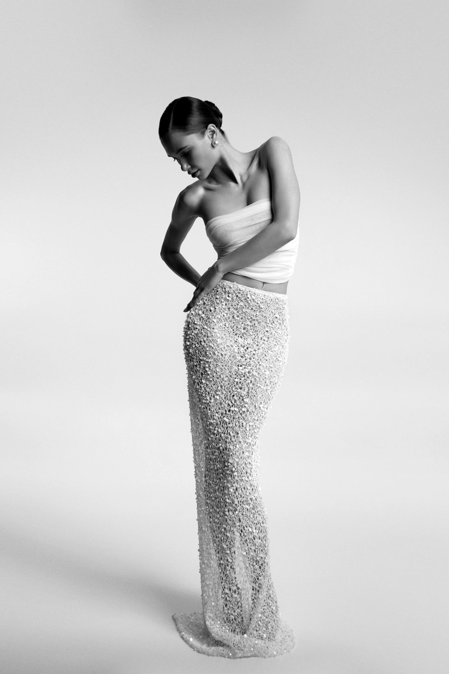 The Amalia — Pearl-Embellished Linen Skirt - Autograph.wear