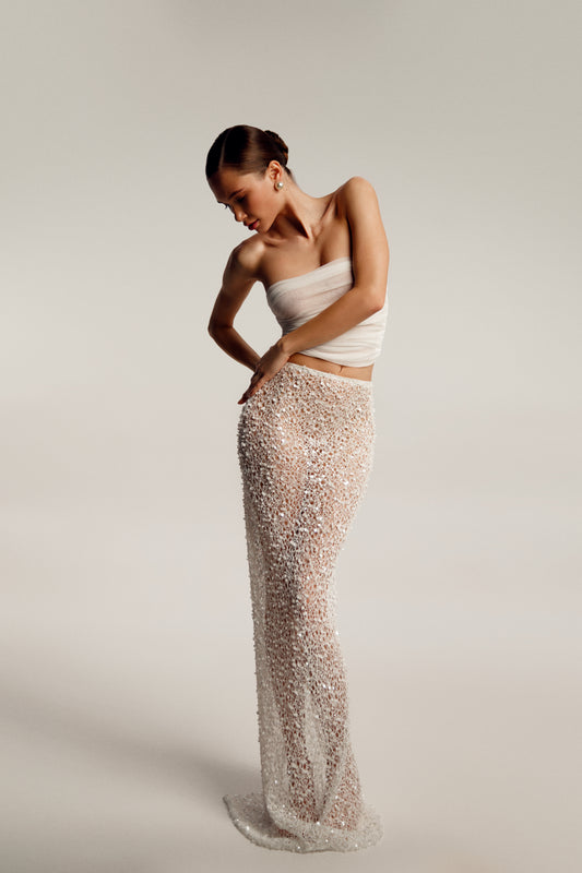 The Amalia — Pearl-Embellished Linen Skirt