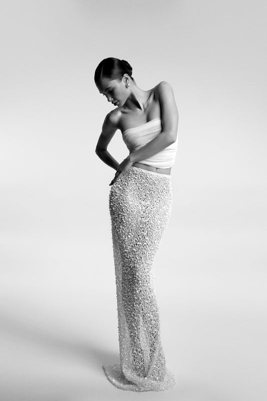 The Amalia — Pearl-Embellished Linen Skirt